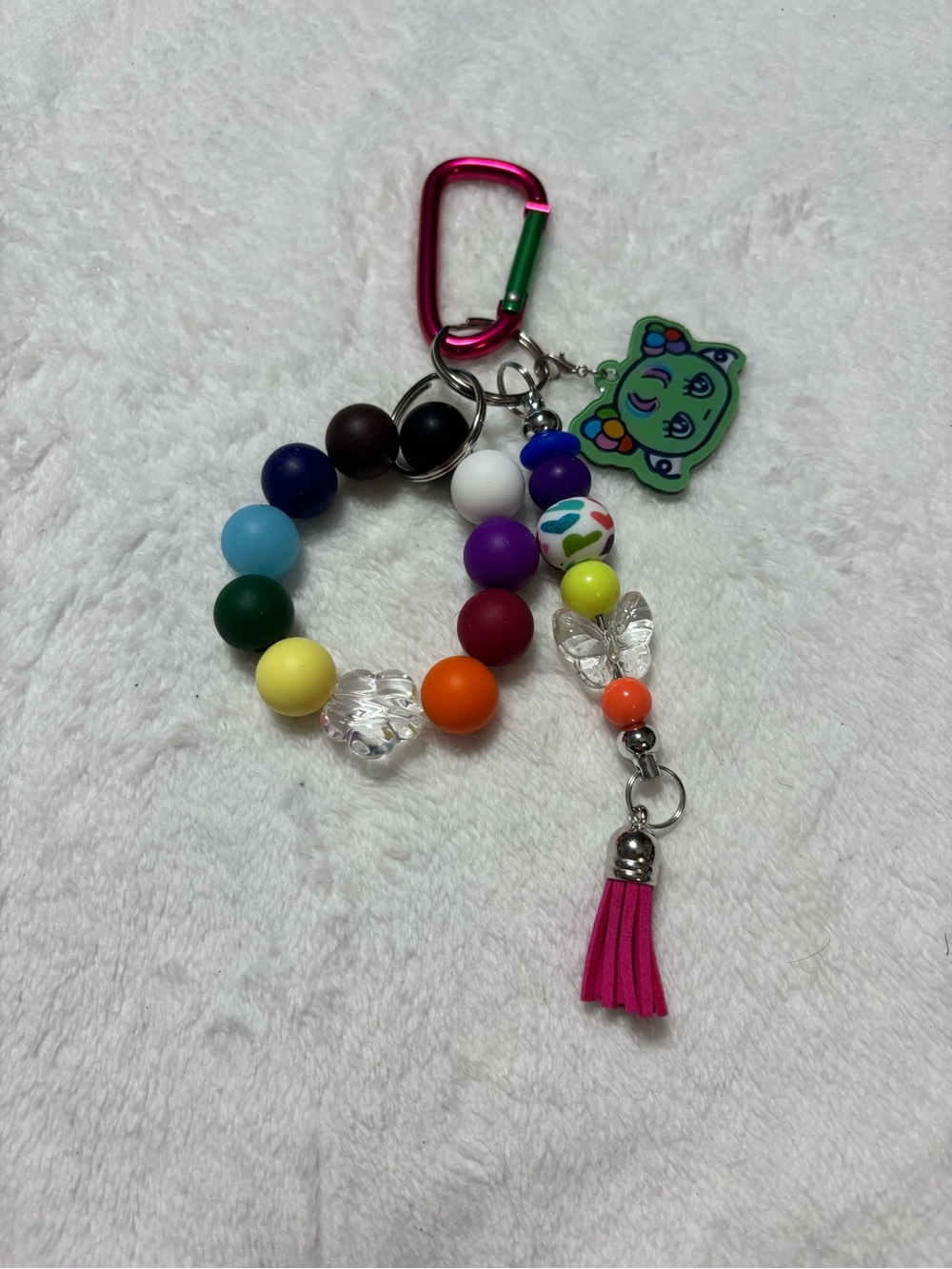 Rainbow Multicolor Beaded Keychain with Pink Tassel